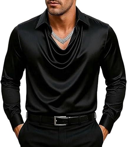 Men's Elegant Solid Satin Cowl Neck Blouse Long Sleeves Casual Business Dressy Shirts Office Work Top, M-3XL