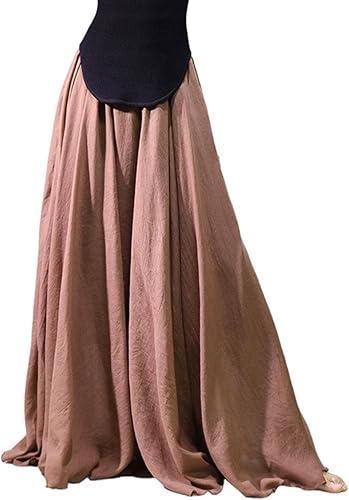 BININBOX Women's Bohemian Style Elastic Waist Band Cotton Linen Long Maxi Skirt Dress Double Layer Skirts