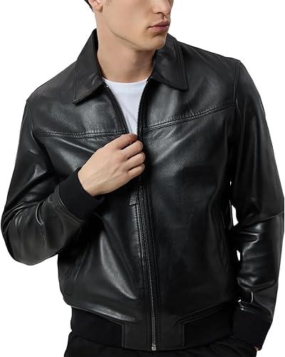 Men's Real Lambskin Leather Bomber Jacket - Premium Genuine Shirt Collar Bomber Leather Jackets for Men