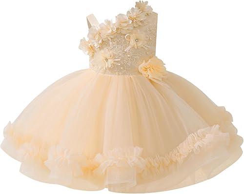 IBTOM CASTLE Infant Baby Flower Girl Dress Asymmetric Shoulder 3D Flowers Toddler Wedding Birthday Party Pageant Tutu Dresses