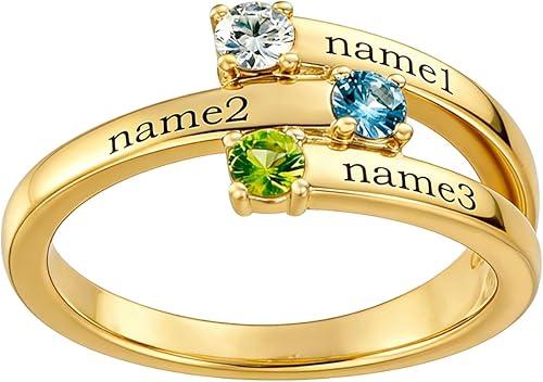 Silver/Solid 10K 14K 18K Gold Mother's Birthstone Ring Personalized 1-4 Birthstones Ring Custom Engraved 1-4 Names Promise Ring for Mom Wife