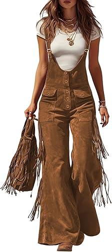 Ladies Dressy Western Suede Jumpsuits Fringe Short Sleeve Rompers Solid Color Vintage One Piece Jumpsuits