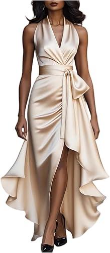Elegant Evening Dresses for Women Halter V-Neck Aline Formal Gown High Waist Satin Sexy Slim Belt Bodycon Dress