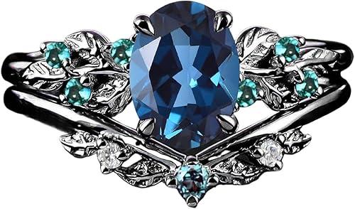 S925/10K/14K/18K Solid Gold Oval Gemstone Vintage Engagement Ring Set Leaf Unique Vine Gemstone Wedding Anniversary Ring Set Black Gold Bridal Ring Set