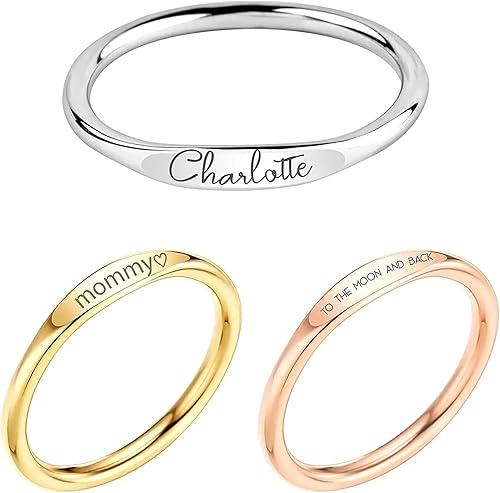 MignonandMignon Personalized Name Ring Custom Engraved | Dainty Promise Ring for Women Gold Silver Rose Gold | Stackable Stacking Ring Birthday Gift for Her Mom Grandma