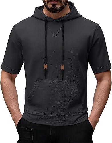 Men's Short Sleeve Hoodie Lightweight Cotton Hooded T-Shirt with Pocket Casual Solid Color Pullover