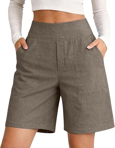 Linen Shorts for Women High Waisted Wide Leg Summer Casual 2026 Beach Vacation Bermuda Cropped Pants with Pockets