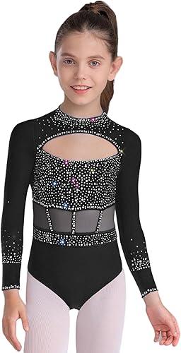 iiniim Girls Glitter Rhythmic Gymnastics Leotard Long Sleeve Ballet Dance Leotard with Back Zipper Ballroom Dancewear