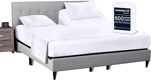 SGI bedding 28" Queen Split Top Flex Head Sheet 100% Egyptian Cotton - 600 Thread Count Flex Top Sheets Adjustable Bed - 4 Piece Set 15" Deep Pocket Sleep Number Bed - White Solid