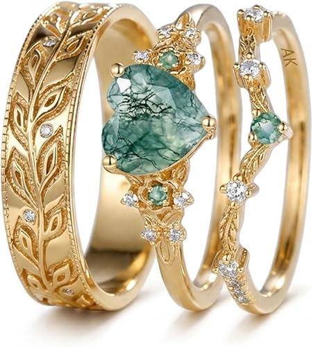 10K 14K 18K Gold Custom Natural Moss Agate Couple Rings 2PCS/3PCS Moss Agate Wedding Promise Ring Sets for Him and Her Couple Size 3-16