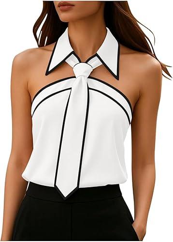 Oplxuo Women Tie Neck Blouse Dressy Casual Tank Tops Sleeveless Collared Off Shoulder Zipper Back Office Work Shirts