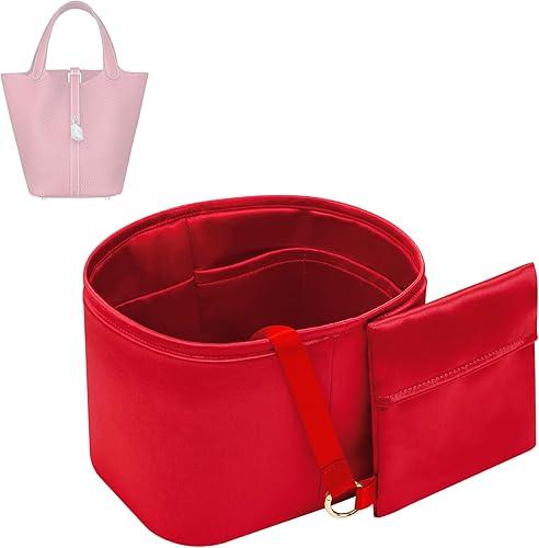 Silky Bag Insert Organizer 2 Set Fit for Picotin 18/22, Silk Liner and Storage Pouch, Fit for Hermes Picotin 22(PC22 Rouge Casaque