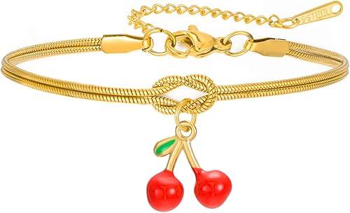 Dreamtimes Infinity Knot Bracelet Stainless Steel Cherries Bracelets for Women Eternal Love & Good Luck Gift Adjustable Cute Summer Fruit Jewelry for Daily Wear