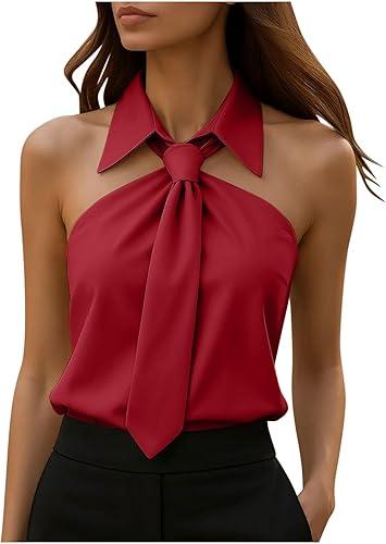 Oplxuo Women Tie Neck Blouse Dressy Casual Tank Tops Sleeveless Collared Off Shoulder Zipper Back Office Work Shirts