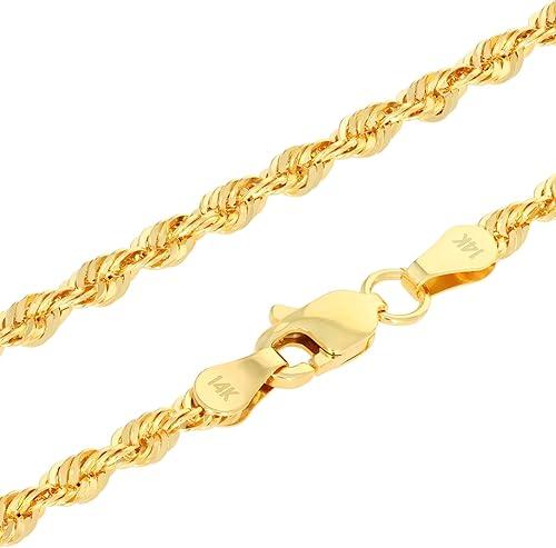 Nuragold 14k Real Yellow Gold 3mm Rope Chain Diamond Cut Lightweight Necklace (16"-30") Italian Jewelry for Men & Women
