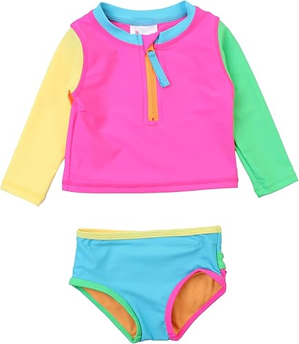 RuffleButts® Baby/Toddler Girls Long Sleeve Rash Guard 2 Piece Swimsuit Set w/UPF 50+ Sun Protection with Zipper
