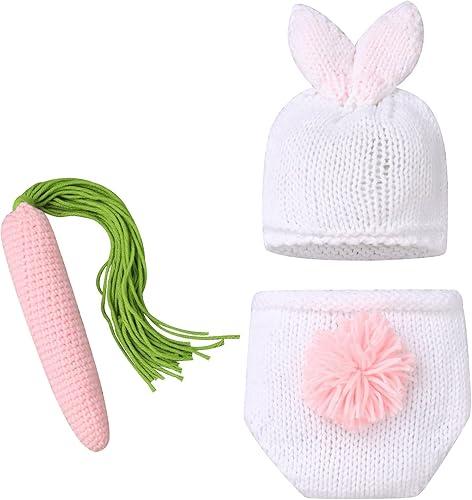 IBTOM CASTLE Newborn Photography Props Baby Boy Easter Bunny Crochet Knitted Rabbit Beanie Hat Set Diaper Accessory