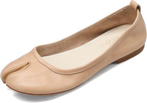Women’s Tabi Ballet Flats Genuine Leather Split Toe Slip On Shoes Lightweight Soft Sole Minimalist Flats