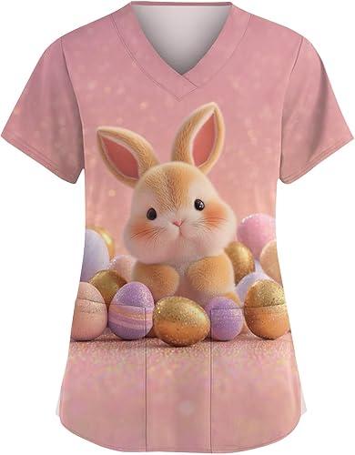 HXHYQKP Easter Scrub Tops Women Bunny Egg Hunt Print Nursing Plus Size Uniforms Short Sleeve V-Neck Top with Pockets