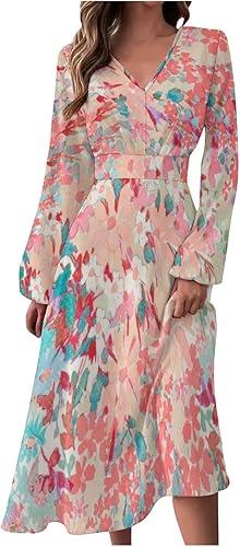 Womens Long Sleeve Midi Dress Trendy Casual V Neck Spring Summer Elegant Formal Ruched Flowy A Line Floral Dresses