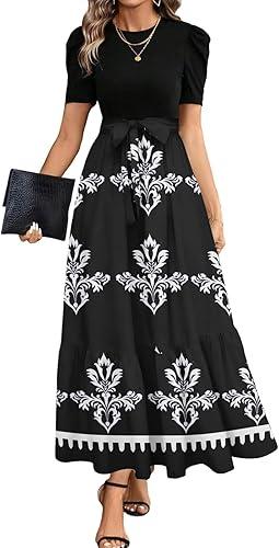 Women's Summer Dresses 2026 Short Sleeve Floral Print Wrap Waist Sundress Beach Wedding Guest Maxi Dress with Belt