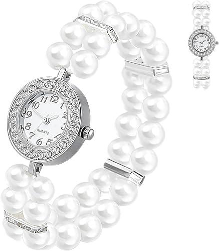 GALPADA Faux Pearl Stretch Watch for Women, Square Dial Jewelry Watch with Rhinestone Bezel, Elastic Bracelet Timepiece