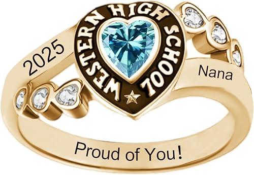 Personalized High School Heart Class Ring 2025 2026 Solid 10k/14k/18k Gold Custom Birthstone Engraved College Name University Graduation Ring For Women
