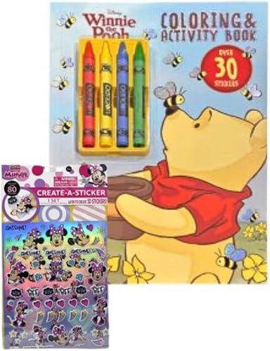 Disney Winnie the Pooh Coloring and Activity Book Set with Crayons, 30 Pages, Includes 80 Minnie Mouse Party Stickers