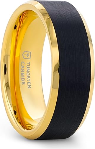Thorsten Gaston Tungsten Wedding Ring for Men - Comfort Fit, Custom Engraved, Gold Plated Band with Flat Black Matte Brushed Inlay - Stylish Marriage Ring, Couple's Engagement Promise - 6mm - 8mm
