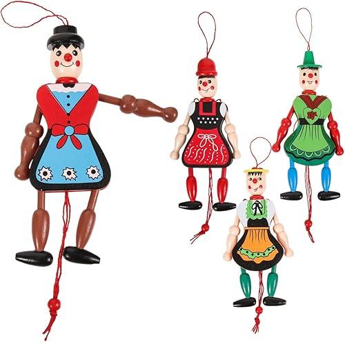 Toddmomy 4Pcs Wooden Marionette Puppets Pull String Toys with Movable Hands and Feet Interactive Hanging Doll Toys for Kids Creative Pretend Play and Party Decorations 7.08 Inch