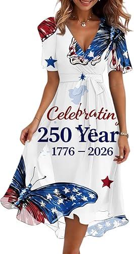Women's Chiffon Elegant V Neck 250 Anniversary USA Dress Wedding Guest Patriotic Swing Midi Sundress, S-2Xl
