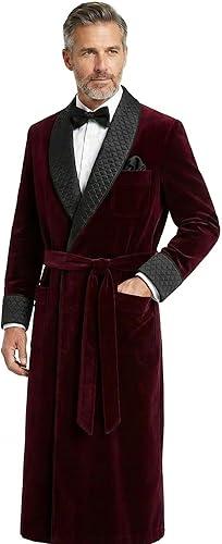 Men’s Burgundy Velvet Smoking Robe – Quilted Shawl Collar Dressing Gown – Luxury Lounge Wear – Vintage Style