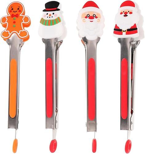 Healifty 4Pcs Stainless Steel Kitchen Tongs with Silicone Tips Multi Function Cooking and Serving Tools for Bbq Steak Salad Resistant Easy to Clean Random Christmas Styles