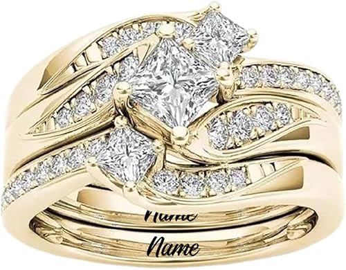 10K Gold 3.4 CT.TW. Moissanite Bridal Rings Sets Three-in-one for Her, 10K 14K 18K Real Yellow Gold 3 PCS Princess Cut Moissanite Engagement Ring Set for Women, 3-band Wedding Eternity Band