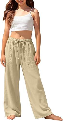 Wide Leg Linen Pants Girls Elastic Waist Casual Lightweight Flowy Palazzo Pant Loose Fit School Beach Lounge Trousers