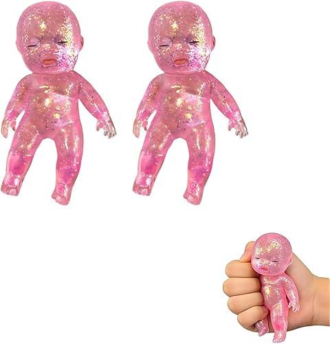 2PCS Baby Squishy Glitter Slow Rising Toy,Cute Babies Squishy,Glitter Soft Squeeze Sensory Fidget Toy for Anxiety Stress Relief,Birthday Gift & Party Favorss-Pink