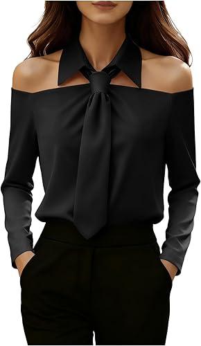 Oplxuo Women's Tie Neck Off The Shoulder Tops Long Sleeve Elegant Blouse