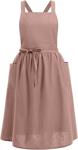 OBEEII Cotton Linen Apron for Women Girls Cross Back Kitchen Cooking Aprons with Pockets Vintage Baking Gardening Work Apron Pinafore Dress Cute Work Art Painting Florist Shop Overalls Dusty pink-02