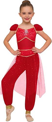 TiaoBug Girls Arabian Princess Belly Dance Rompers Jumpsuit Rhinestone Sequined Waist Tulle Dress