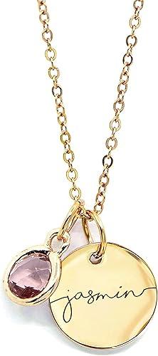 MignonandMignon Personalized Name Necklace with Birthstone | Custom Engraved Gold Pendant for Women | Dainty Tarnish-Free Jewelry Birthday Gift for Mom Grandma