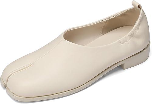 Split Toe Tabi Flats Retro Women Block Low Heels Loafers Shoes Solid Color Soft Vegan Leather Slip On Casual Lazy Shoes