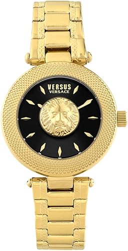Versus Versace Brick Lane Lion Collection Luxury Womens Watch Timepieces with a Gold Bracelet and Case Featuring a Black Dial