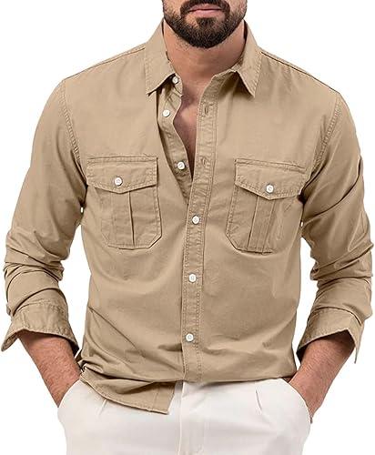 Men's Casual Cargo Button Down Shirt Long Sleeve Lightweight Work Top Dual Chest Pockets Design for