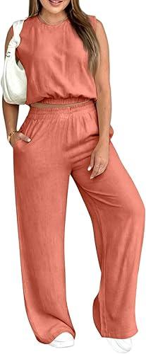 Women's Two Piece Wide Leg Pants Set Sleeveless Top And High Waist Elastic Trousers Relaxed Fit Outfit