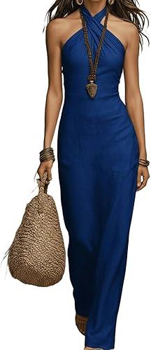 Women's Cotton Halter Neck Sleeveless Maxi Dress Slim Formal Plain Summer Sundress Wedding Party Festival Dresses