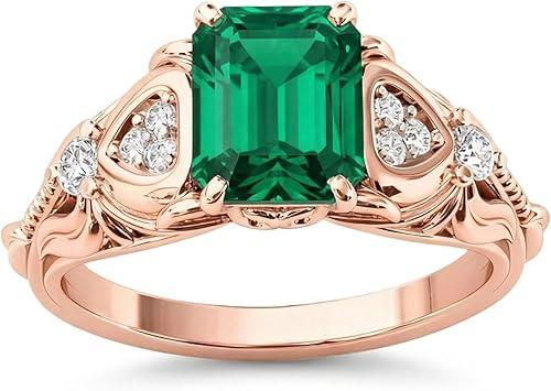 10K 14K 18K Real Gold 2 Carat Emerald Cut Gemstone Vintage Ring for Women, Solid Gold Gemstome Vintage Ring with Moissanite/Diamond Accents Ring for Her Size 4-15