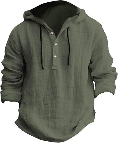 Cotton Linen Hoodie for Men, Long Sleeve Breathable Hooded Shirt, Casual Tops for Spring and Fall
