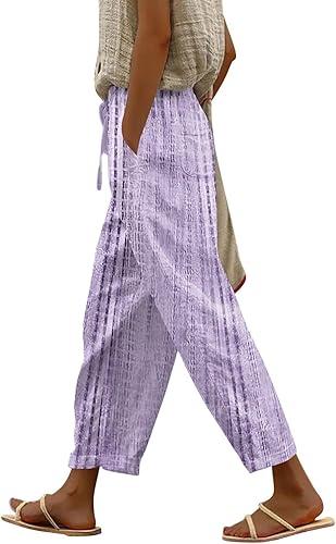 Womens Summer Boho Floral Print Linen Pants Drawstring Elastic Hight Waist Casual Loose Capri Pants with Pockets