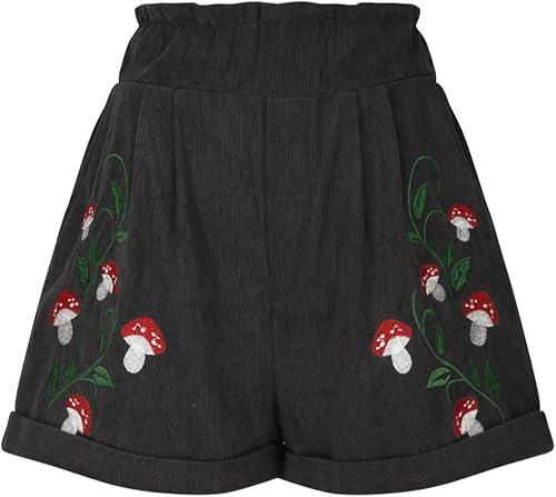 Corduroy Shorts for Women Mushroom Embroidery Lounge Shorts Elastic High Waisted Straight Leg Sweat Shorts
