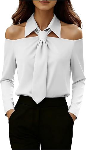 Oplxuo Women's Tie Neck Off The Shoulder Tops Long Sleeve Elegant Blouse